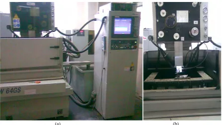 Figure 1 CNC Wire cut EDM (a) and experimental set-up(b)                                                                                         (b)  