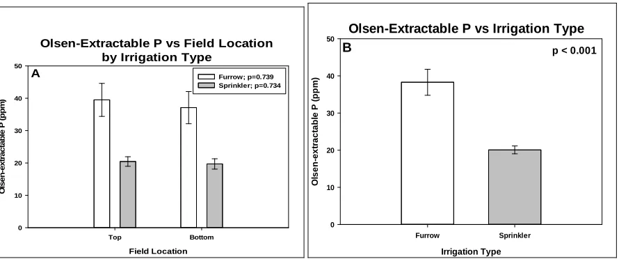 Figure 1.  Olsen-extractable phosphorus as affected by A) field location within furrow or sprinkler  irrigation and by B) irrigation type.  