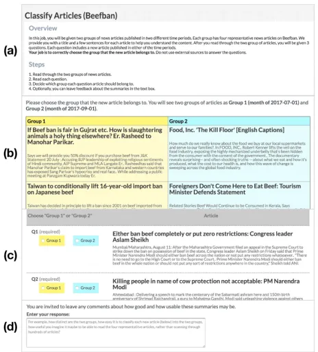 Figure 5: An example questionnaire used for crowd-sourcedevaluation. It consists of: (a) instructions, (b) two groups ofsummaries, (c) question articles, and (d) a comment box forfeedback
