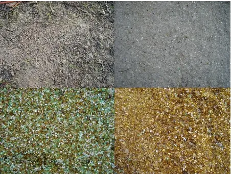 Figure 3. 1 – Different treatments. Clockwise from top left: undisturbed soil, clear glass, brown glass and mixed glass