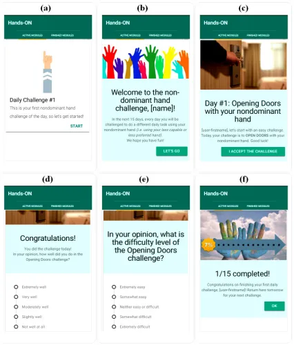 Figure 1. Screenshots of the Hands-ON app in the first day of the challenges with the 