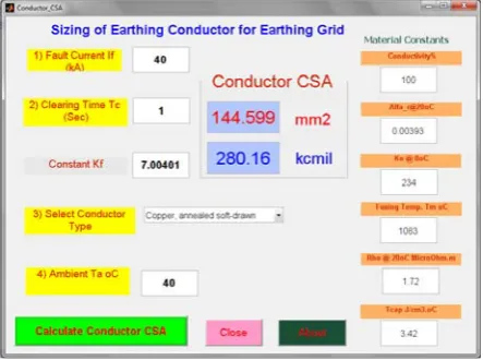Fig. 2. sample of interface of module for Calculating Earth wire cross sectional area 