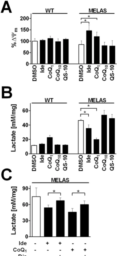 Figure 5. Effect of quinones on mitochondrial membranepotential and lactate production in MELAS cybrids.individual wells