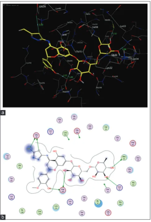 Fig. 8: (a and b) Binding mode two-dimensional and three-