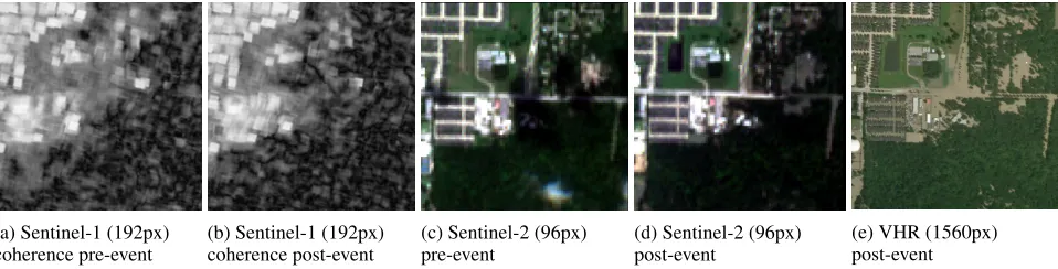 Figure 1: One image tile of 960m×960m is used as network input. Figures (a) and (b) illustrate Sentinel-1 coherence imagesbefore and after the ﬂood event, whereas Figures (c) and (d) show RGB representations of multispectral Sentinel-2 optical im-ages