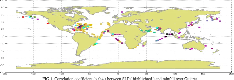 FIG 1. Correlation coefficient (> 0.4 ) between SLP ( highlighted ) and rainfall over Gujarat 