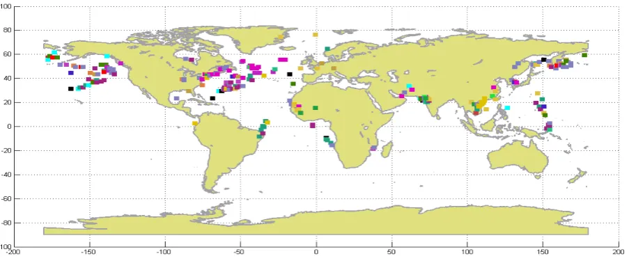 FIG.2. Correlation coefficient (> 0.4 ) between SST ( highlighted ) and rainfall over Gujarat 