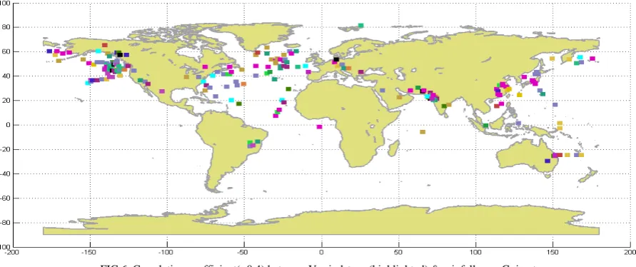 FIG 6. Correlation coefficient(>0.4) between V-windstress(highlighted) & rainfall over Gujarat 
