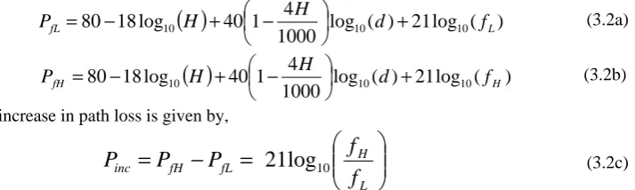 Table 2: The increased path loss, reduced cell radius and percentage reduction of cell radius when frequency is increased from 2000MHz to other higher frequencies       