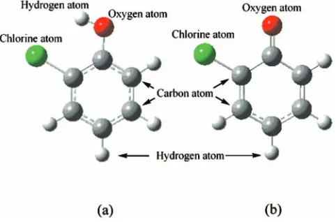 FIG. 3. �Color� Structures of �a� the cis-2-chlorophenol molecule and �b� the2-chlorophenoxy radical
