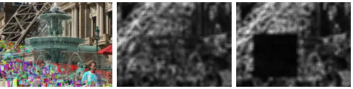 Fig. 1. Example JPEG ghost. Left: a rectangular region has been double-compressed with primary compression rate q 0 = 60
