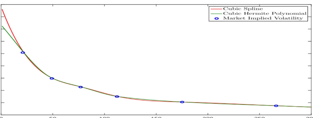 Figure 3: Spline vs Hermite Fitted Implied Volatility Term Structures