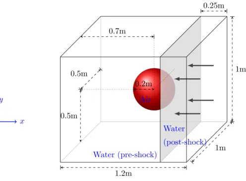 Fig. 7. Sketch of the initial configuration for shock-bubble interaction TC2. The computational domain is [−0.2, 1] × [0, 1] × [0, 1]m.