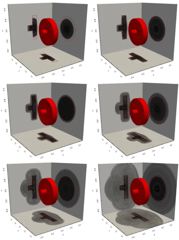 Fig. 10. Impact of a projectile on a plate (TC3). Interface and schlieren at t = 24µs, 43µs, 88µs, 178µs, 355µs, 710µs