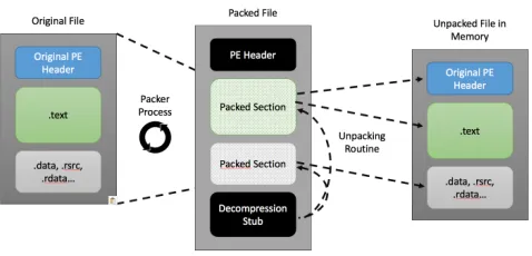 Figure 2.3: The state of a program before and after compression (packing), and afterdecompression [7]