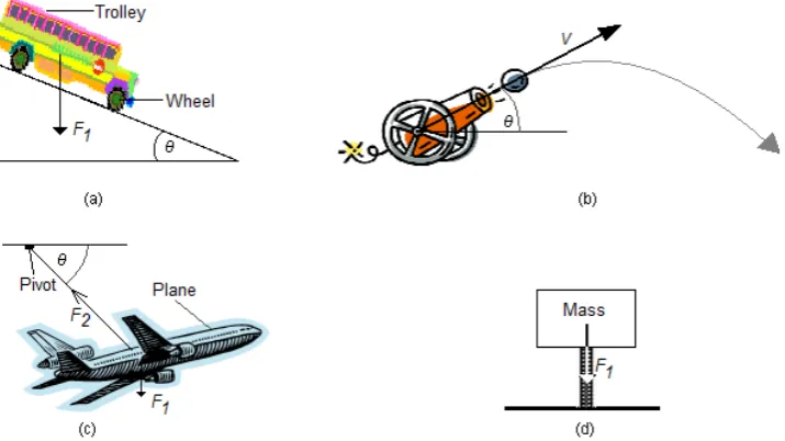 Figure 3: Four models of physical situations where Fthe mass of the object. We call these models with the following names: (a) rolling 1 is the gravitation force due to model, (b) projectile model, (c) centripetal model and (d) vibration model