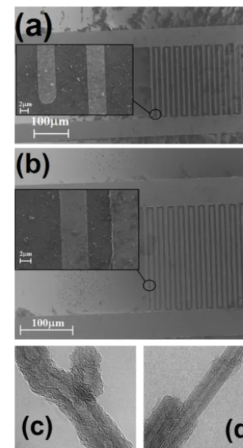 Figure 1. SEM images of devices with MWCNTs-CVD (a) andMWCNTs-LN2 (b). In (c) and (d), TEM images of CNTs produced,respectively, by CVD and arc discharge are reported; the latter weretreated by H2O2.