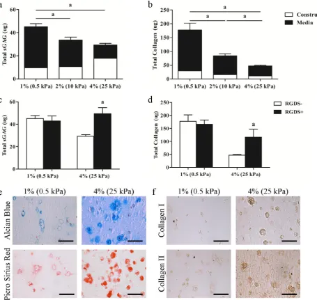 Fig. 2. (Total sGAG and (II histological and immunohistochemical images of 1 % and 4 % scaffolds (scale bars = 50a) Total sGAG and (b) total collagen retained in the construct (white) and released to the media (black)