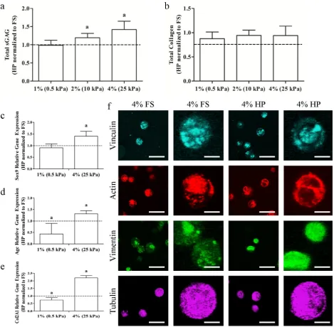 Fig. 4. (a) Total sGAG and (b) total collagen normalised to the FS condition. (c) Sox9, (d) Agc, and (e) Col2A1 relative gene expression normalised to the FS condition