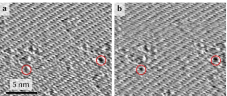 FIG. 1. AFM images of the atomically-resolved calcite (10.4) surface with defects. Panels a and b show two AFM images at the same sample position recorded with a time dierence of 2 min