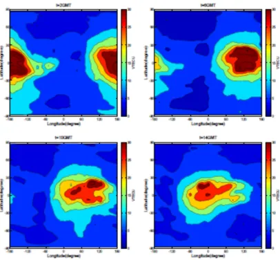 Figure 7. The Diurnal variation of UPS VTEC on March 1, 2008 every four hours. 