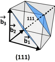Figure 10: Cubic crystal with (111) planes shown in blue. These planes areperpendicular to the vector 1b1 + 1b2 + 1b3 indicated by the broken line.