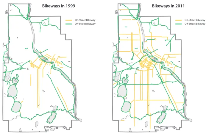Figure 2.1 - Minneapolis on-street and off-street bikeways in 1999 and 2011.