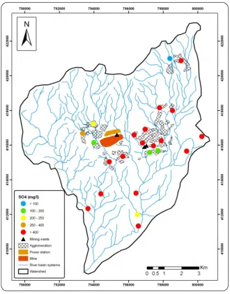 Figure 6: Spatial variation of the sulphate content (mg/l) of groundwater  in the province of Jerada (wet season) 