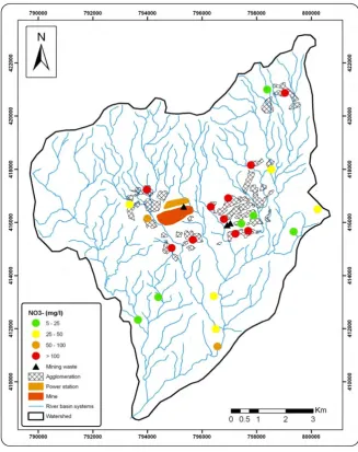Figure 7: Spatial variation in nitrate concentrations (mg/l) of groundwater   in the province Jerada (dry season) 