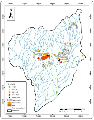 Figure 10: Spatial variation of chloride contents (mg/l) of groundwater in the province Jerada (wet season) 