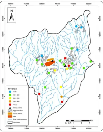 Figure 5: Spatial variation of the sulphate content (mg/l) of groundwater in the province Jerada (dry season) 