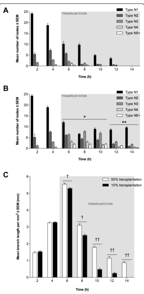 Figure 6 In vitroNode counts of (A) 10% and (B) 50% transplantation (± SEM, n = 3).*P < 0.05 and **P < 0.01 vs