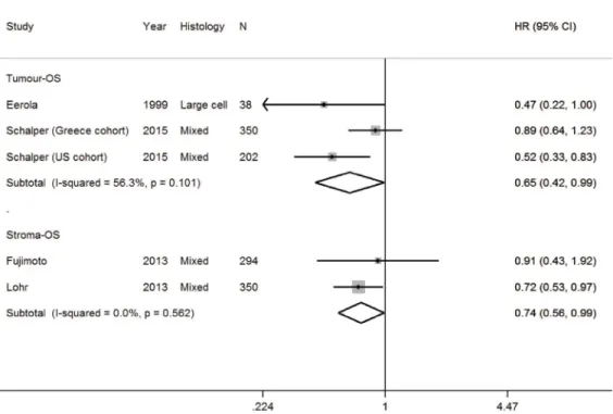 Figure 4: Forest plot of studies assessing B cells and overall survival (OS) in patients with non-small cell lung cancer  (NSCLC) according to localisation in tumor or stroma compartment
