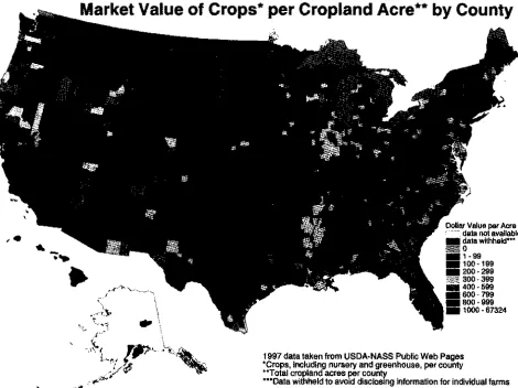 Fig. 4. Total crop dollar value per county divided by the acres planted in each U.S. county in 1997