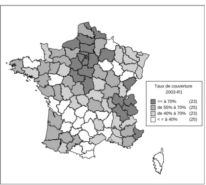 Figure 4.1 - Estimated coverage rate of notarial databases, for existing dwellings, by  département, 2003  Taux de couverture 2003-R1 >= à 70%   (23) de 55% à 70%   (25) de 40% à 70%   (23) < = à 40%   (25)