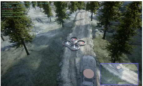Figure 3: Screenshot of AirSim environment and landingtask. Inset image in lower right corner: downward-facingcamera view used for extracting the position and radius ofthe landing pad which is part of the observation-space thatthe agent learns from.