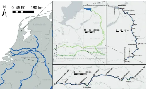 Figure 2.1: Geographic overview of the Waal and IJssel. White dots indicate the river chainage kilometers.