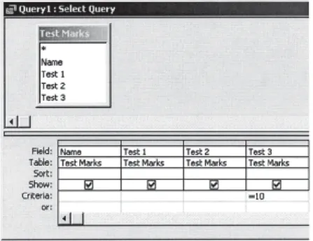 Figure 3.1: A search query in Microsoft Access.  The name of the student and the results of all three tests will be displayed