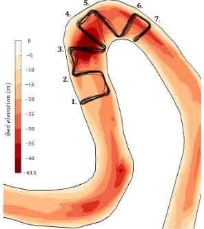 Figure 4.1: Measured track of the vesselwith bed elevation and location of transects.