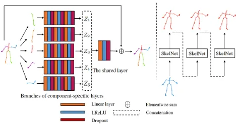 Figure 1: Left: An illustrative sketch of proposed SkelNet.The human pose is divided into ﬁve non-overlapping partsdepicted in different colors, which are fed accordingly intoﬁve branches of component-speciﬁc layers for learning lo-cal structure representa
