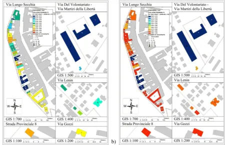 Figure 6: Mapping results of the collapse probability for the Concordia sulla Secchia CLE sub-system for  (a)           and (b)          