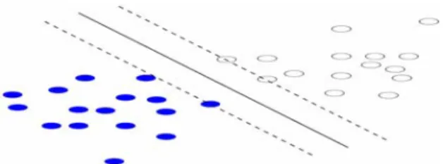 Figure 4. The decision line with the maximal  margin. The data points on the dashed lines are the  Support Vectors