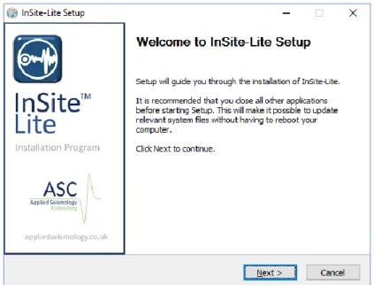 Figure 1: InSite-Lite setup program. Welcome screen 