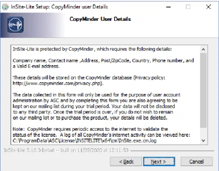 Figure 3: InSite-Lite setup program. CopyMinder Privacy Policy. 