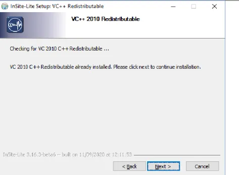 Figure 4: InSite-Lite setup program. Installation of VC 2010 C++ Redistributable pack