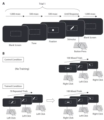 Figure 1. (A) Stimulus presentation sequence and durations for one experimental trial