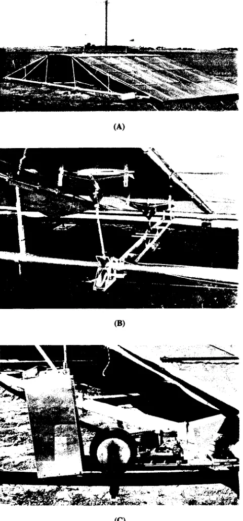 Figure 2–Hill model: (A) installed at Rosemount Experiment Station,Minn., (B) view beneath covered slope frame showing runoffcollection troughs, flow diverters, and tipping-bucket flow-gages,(C) motor and friction drive assembly that aligns hill model withprevailing winds.