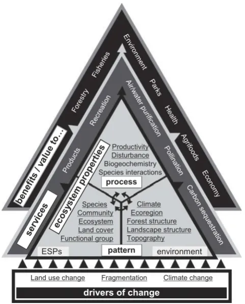 Figure 2.Conceptual diagram exploring the links between natural and anthropogenic alterations toecological systems, ecosystem pattern (both abiotic environmental characteristics and biotic com-position of ES providers (ES providers)), ecological processes,