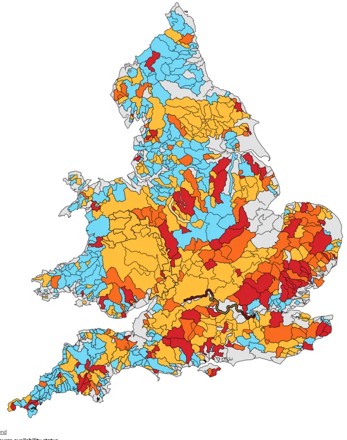 Figure 7: Map of water available now for abstraction (surface water combined with groundwater) by catchment area: Environment Agency 2009