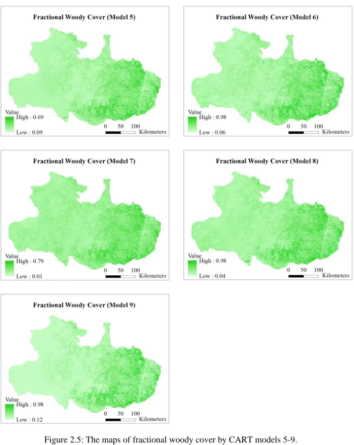 Figure 2.5: The maps of fractional woody cover by CART models 5-9.
